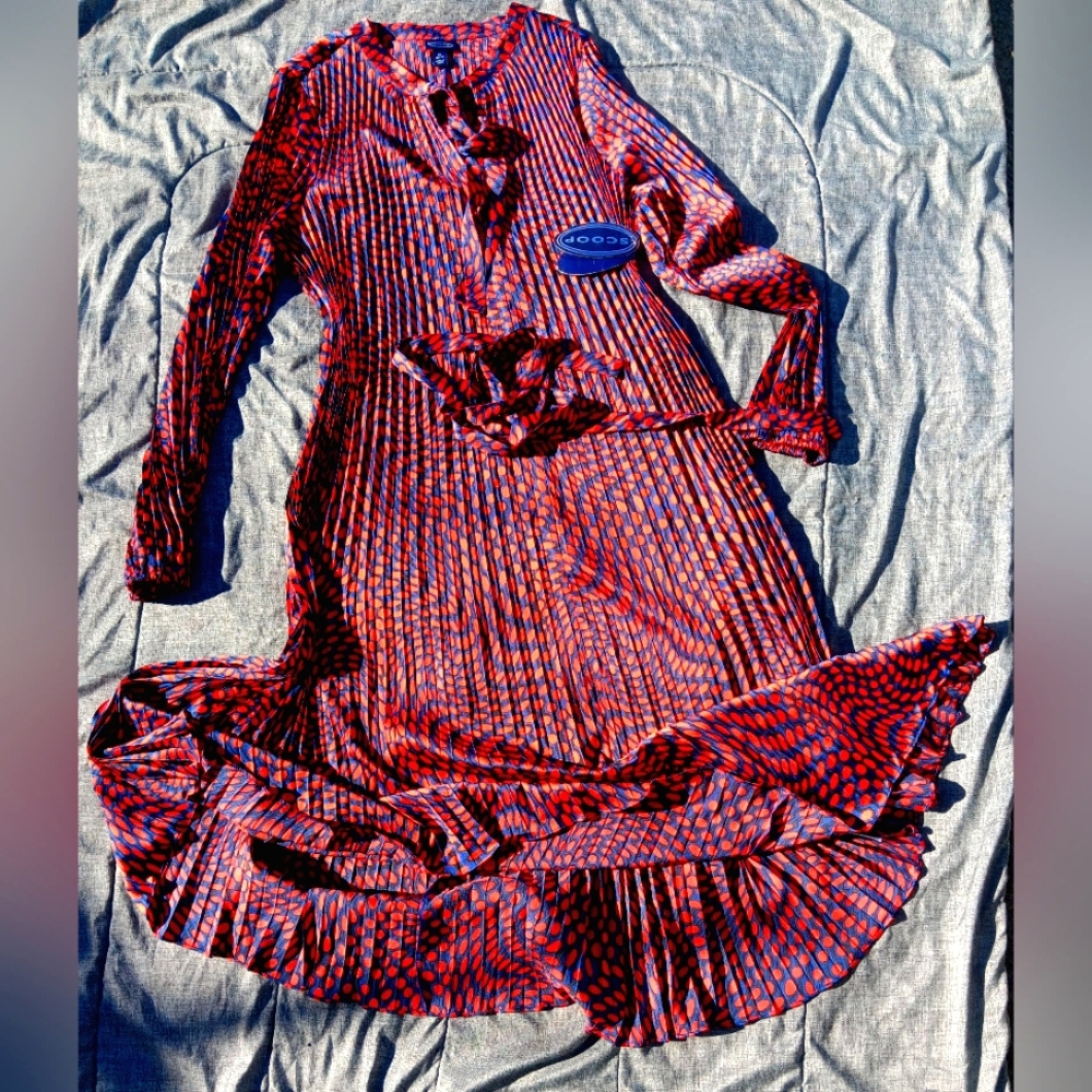 SCOOP orange and navy blouson sleeved belted pleated midi dress, size 16/18